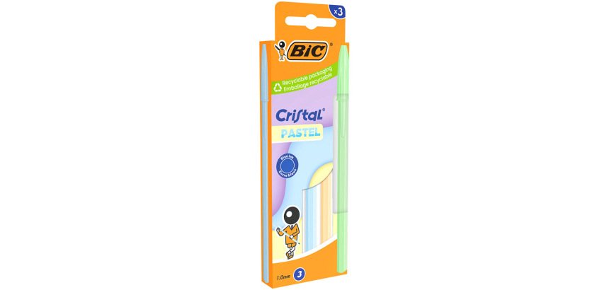 Stylo-bille bic cristal pastel pointe moyenne 1,0mm   encre bleue classique         capuchon boite de 3