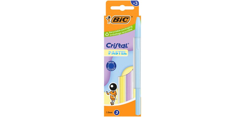 Stylo-bille bic cristal pastel pointe moyenne 1,0mm   encre bleue classique         capuchon boite de 3