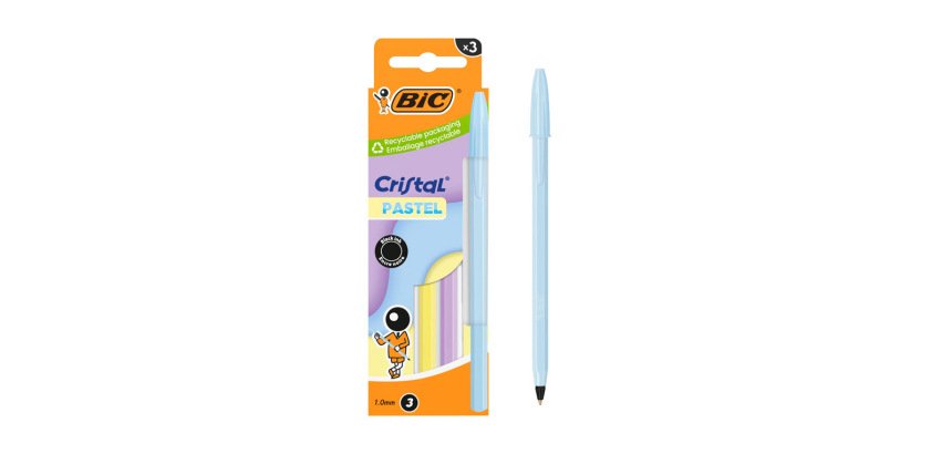 Stylo-bille bic cristal pastel pointe moyenne 1,0mm   encre noire capuchon coloris  assortis bte de 3u