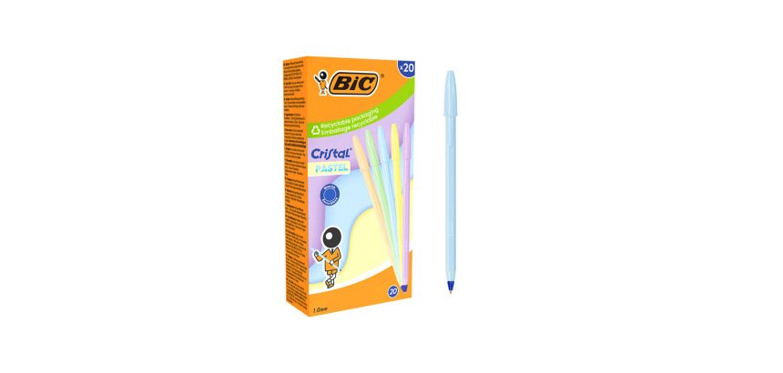Stylo-bille bic cristal pastel pointe moyenne 1,0mm encre bleue classique capuchon coloris assortis boite 20 unites
