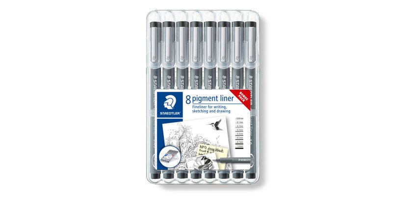 Stylo-feutre staedler pigment liner 308 encre noire clip    metal pointes assorties etui  8 unites dont 3 offertes