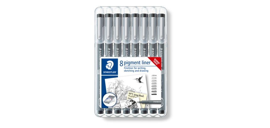 Stylo-feutre staedler pigment liner 308 encre noire clip    metal pointes assorties etui  8 unites dont 3 offertes