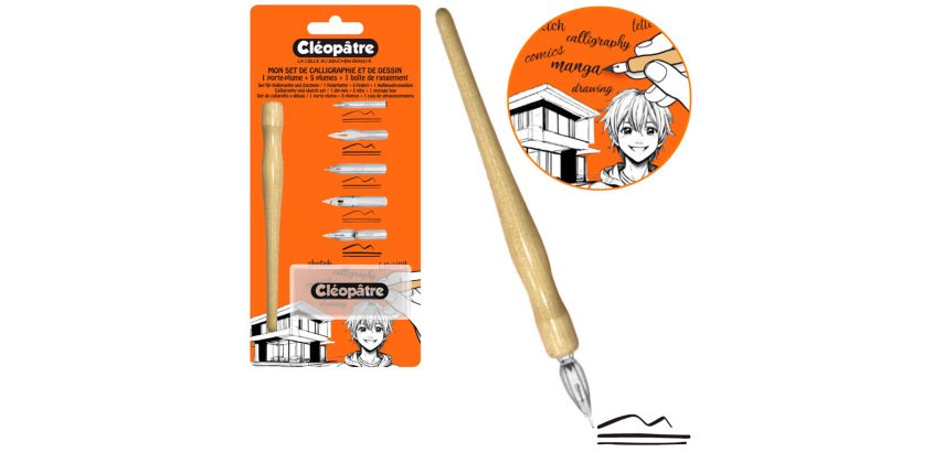 Set calligraphie et dessin cleopatre 1 porte-plume + 5   plumes + 1 boite rangement