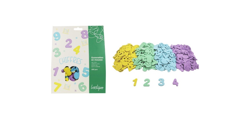 Gommette mousse sodertex chiffres diam. 3cm coloris    assortis paquet 500 unites