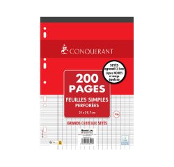 Feuilles simples conquerant 7 deficients visuels perforees  210x297mm flowpack 200p 90g   seyes 2,5mm