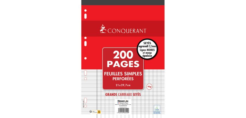 Feuilles simples conquerant 7 deficients visuels perforees  210x297mm flowpack 200p 90g   seyes 2,5mm