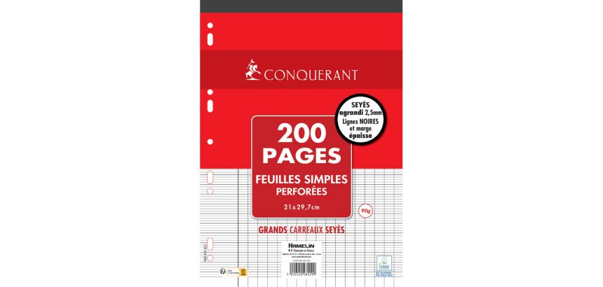 Feuilles simples conquerant 7 deficients visuels perforees  210x297mm flowpack 200p 90g   seyes 2,5mm
