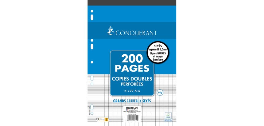 Copies doubles conquerant 7 deficients visuels perforees  210x297mm flowpack 200p 90g   seyes 2,5mm