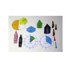 Apprentissage de l ehure et minutes wissner set horloge   et fractions 1 cadran et 63   fractions colorees et