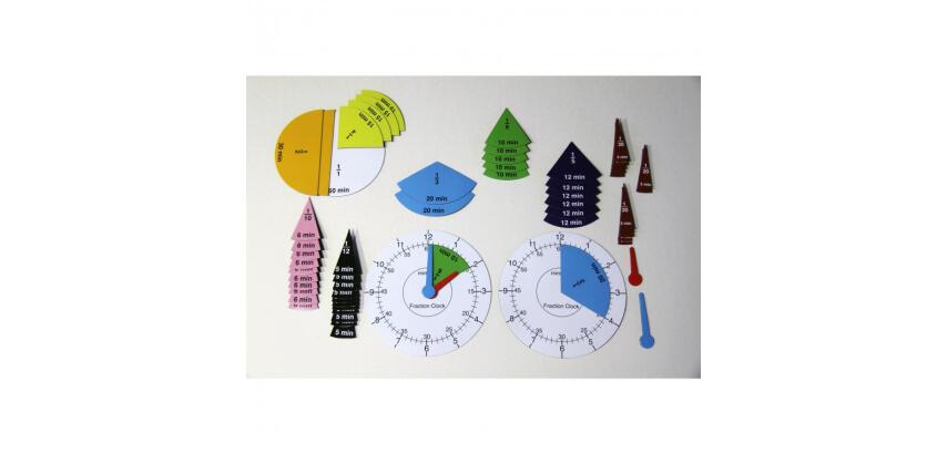 Apprentissage de l ehure et minutes wissner set horloge   et fractions 1 cadran et 63   fractions colorees et
