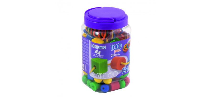 Lot maxi 100 perles plastique miniland 10 lacets 12 fiches  5 formes et coloris assortis