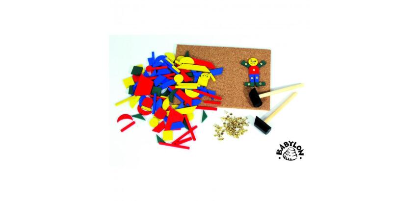 Atelier du marteau babylon 120 pieces en bois a piquer 1 plaque liege 2 marteaux 120   clous