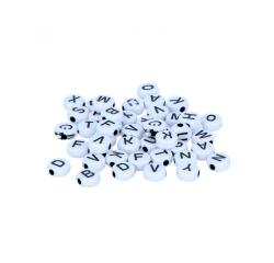 Perle plastique innspiro forme ronde plate 6mm         imprimee alphabet noir sur    fond blanc lot de 300 perles