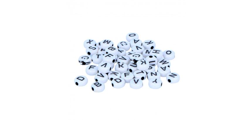 Perle plastique innspiro forme ronde plate 6mm         imprimee alphabet noir sur    fond blanc lot de 300 perles