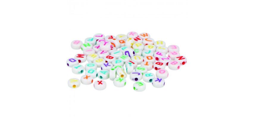 Perle plastique innspiro forme ronde plate 7mm         imprimee alphabet couleur sur fond blanc lot de 1200 perles