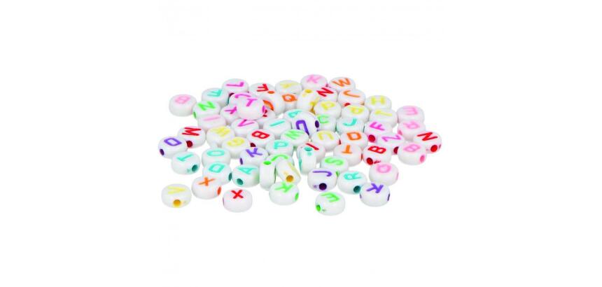 Perle plastique innspiro forme ronde plate 7mm         imprimee alphabet couleur sur fond blanc lot de 1200 perles