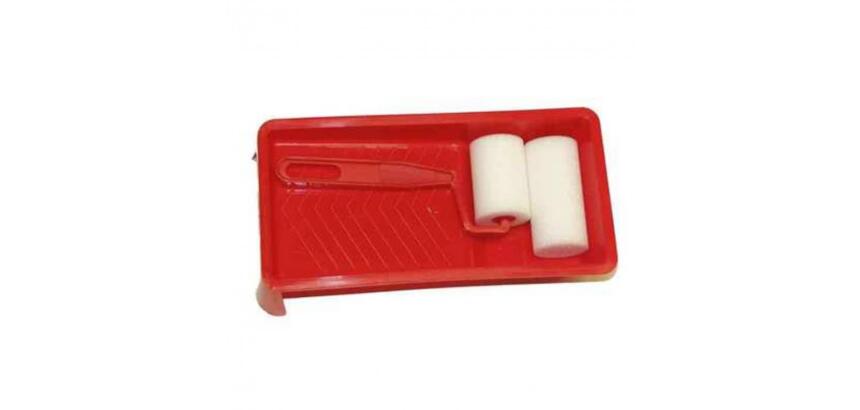 Set rouleau a peindre manche plastique avec 2 manchons 45  et 70 mm et 1 bac a peindre   22x11 cm