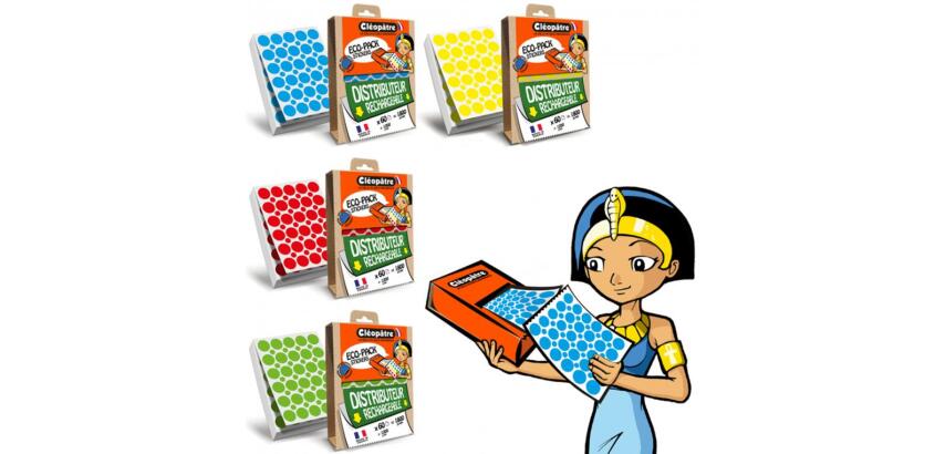 Gommette geometrique cleopatre diam 18mm 4 coloris assortis ecopack de 4 boites  7200 gommettes + 4800 8mm