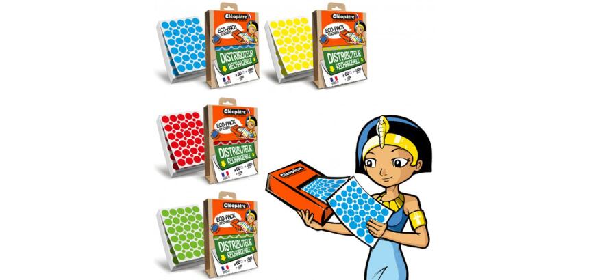 Gommette geometrique cleopatre diam 18mm 4 coloris assortis ecopack de 4 boites  7200 gommettes + 4800 8mm