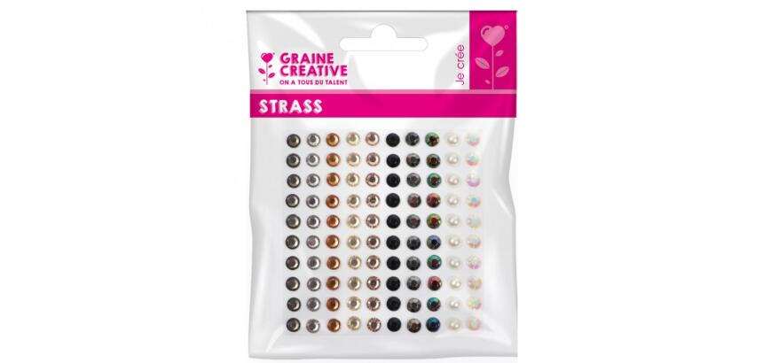 Planche assortiment de strass adhesif graine creative 100   strass coloris noir et perle  assortis