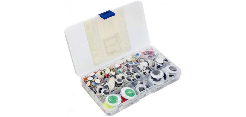 Yeux mobiles cleopatre adhesifs assortiment coffret  plastique de 500 unites