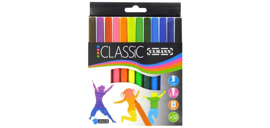 Pochette feutres de coloriage ulmann pointe large bloquee   12 unites coloris assortis
