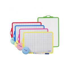 Kit ardoise blanche office plast 18,5x27,5cm quadrillee  1 face seyes 1 face unie      cadre 5 coloris assortis