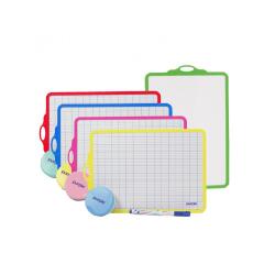 Kit ardoise blanche office plast 18,5x27,5cm quadrillee  1 face seyes 1 face unie      cadre 5 coloris assortis