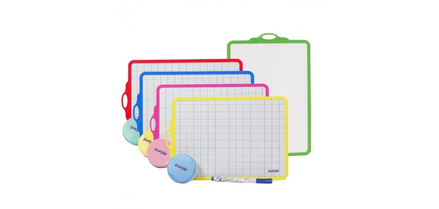 Kit ardoise blanche office plast 18,5x27,5cm quadrillee  1 face seyes 1 face unie      cadre 5 coloris assortis