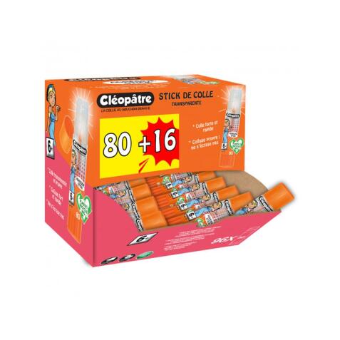Colle transparente cleopatre repositionnable sans solvant  lavable des 30  baton de 8g   boite de 96 unites