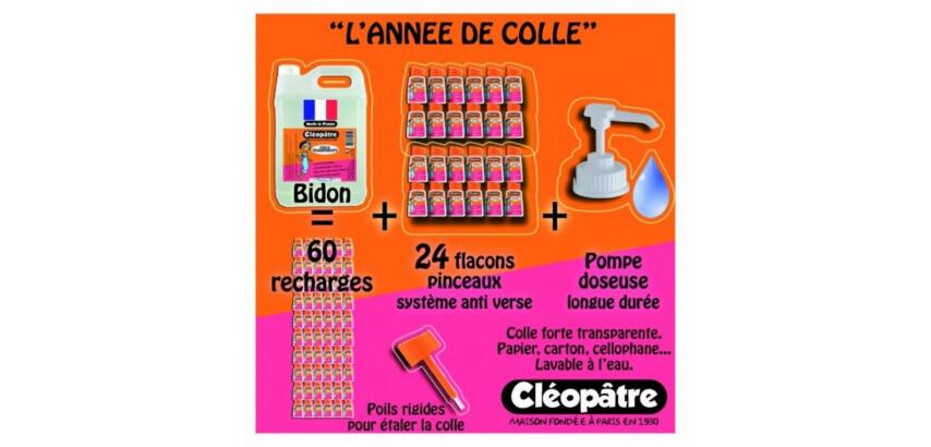 Colle transparente cleopatre sans solvant base eau         classpack 24 flacons 80g 5kg  colle transparente + 1 pompe