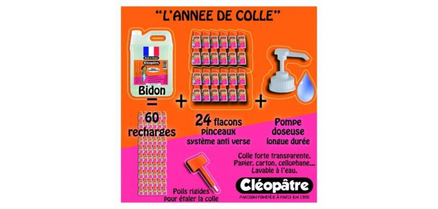 Colle transparente cleopatre sans solvant base eau         classpack 24 flacons 80g 5kg  colle transparente + 1 pompe