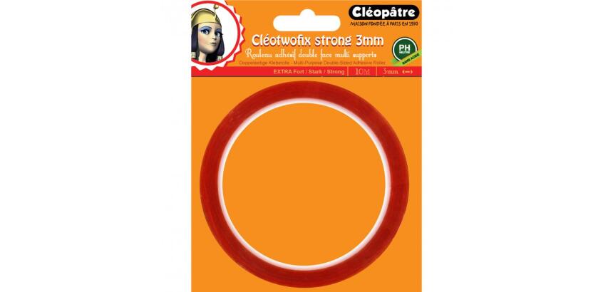 Adhesif cleopatre cleotwofix double face extra fort multi  supports ph neutre rouleau de 3mmx10m