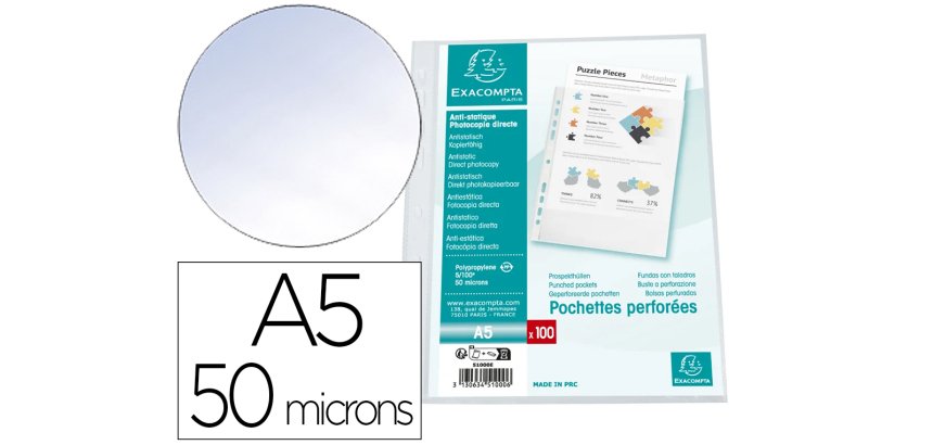 Sachet de 100 pochetttes perforées Polypropylène grainé 5/100e - A5 - Cristal