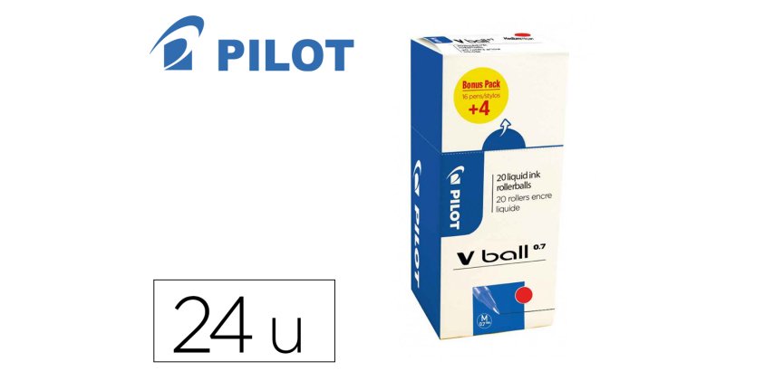 Pack roller pilot v-ball pointe conique 0,7 mm avec    regulateur d'encre 16 + 4     offerts coloris rouge