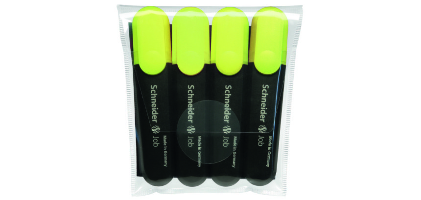 Surligneurs schneider job 150 pointe biseaut e 1 a 5 mm     coloris jaune etui de 4       unites