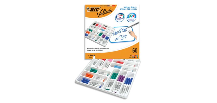 Marqueur bic velleda 1741 effacable pointe ogive encre  base alcool inodore 8 coloris assortis medium classpack 60