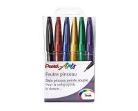 Feutre pinceau pentel arts pointe souple 2,07mm trait    0,3-0,7mm encre aquarellable  coloris assortis pochette 6