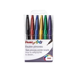 Feutre pinceau pentel arts pointe souple 2,07mm trait    0,3-0,7mm encre aquarellable  coloris assortis pochette 6