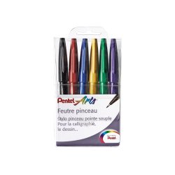 Feutre pinceau pentel arts pointe souple 2,07mm trait    0,3-0,7mm encre aquarellable  coloris assortis pochette 6