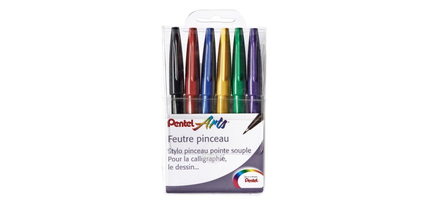 Feutre pinceau pentel arts pointe souple 2,07mm trait    0,3-0,7mm encre aquarellable  coloris assortis pochette 6