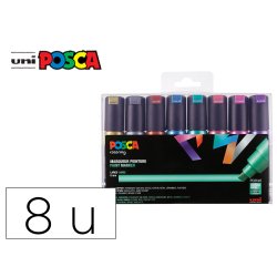 Marqueur posca pc8k pointe biseautee trait 8mm coloris   metallises assortis boite 8   unites