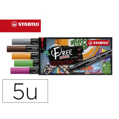 Marqueur stabilo vintage free acrylic toutes surfaces t300  pointe moyenne set 3 coloris  assortis coffret 5 unites