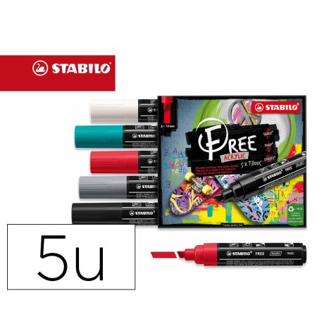 Marqueur stabilo bold free acrylic toutes surfaces t800 pointe large biseautee set 2 coloris assortis coffret 5 unites