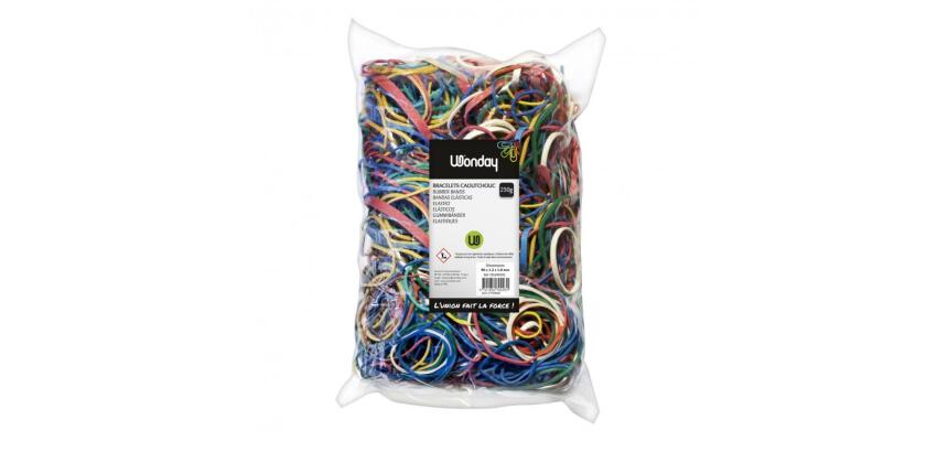 Bracelet caoutchouc wonday dimensions et coloris         assortis sachet 250g