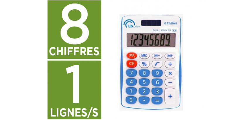 Calculatrice de poche easy lb office 8 chiffres solaire ou  pile coloris assortis