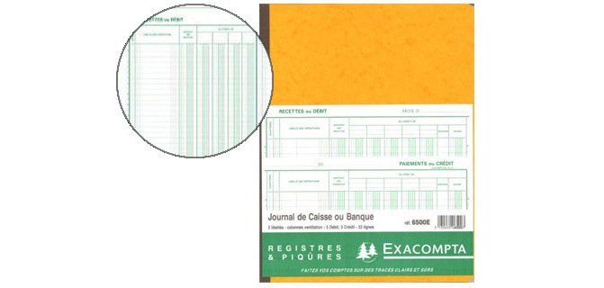 Journal exacompta caisse/banque 250x320mm vertical 33 lignes 80 pages 2 libellés 5 débits 5 crédits