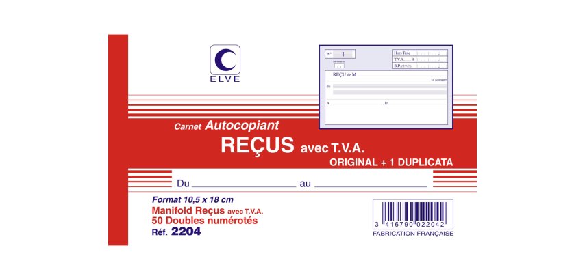 Manifold 'Reçus avec TVA', 105 x 180 mm, dupli
