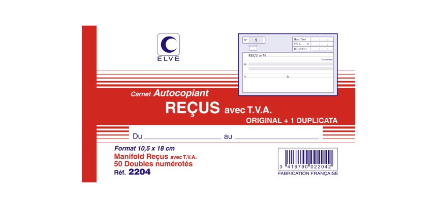 Manifold 'Reçus avec TVA', 105 x 180 mm, dupli