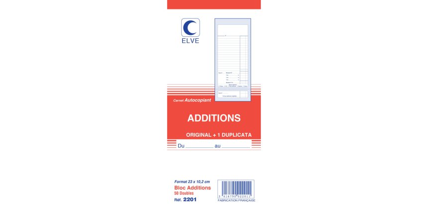 Bloc addition elve papier autocopiant 102x235mm 50 duplis sans numéro